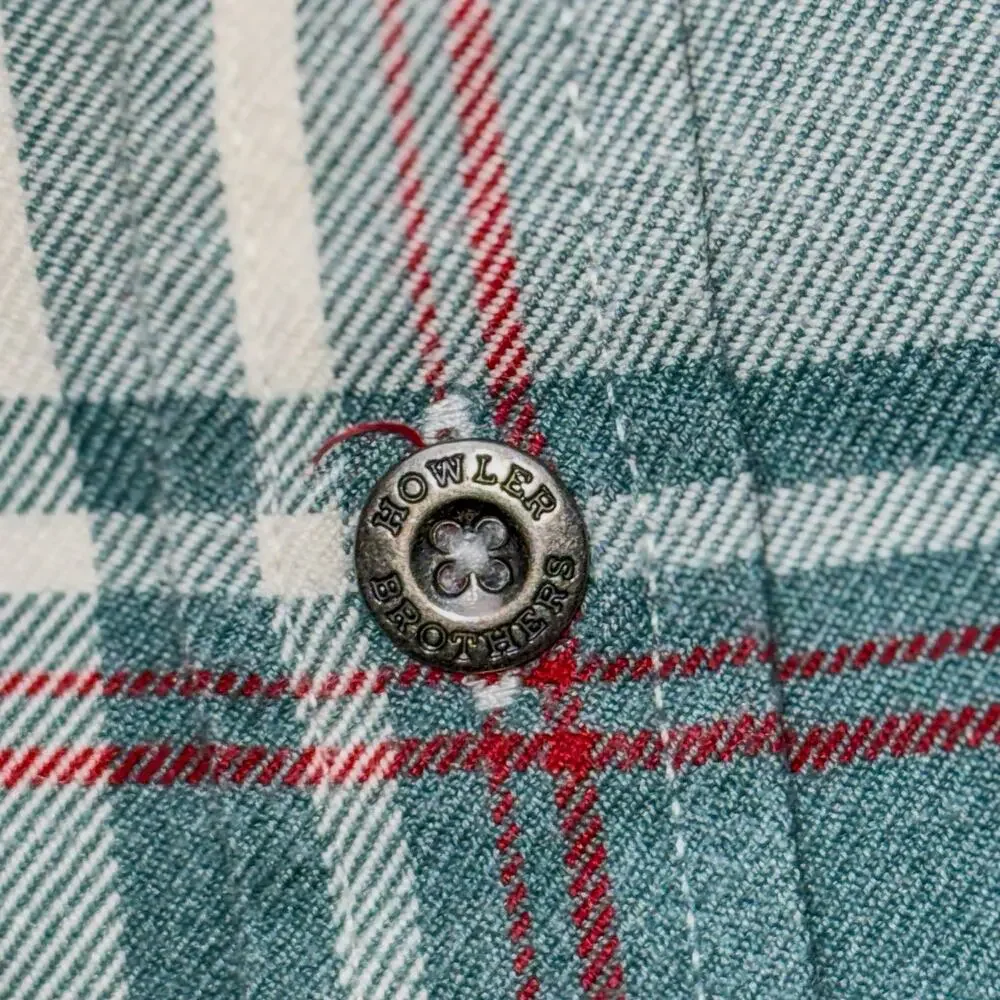 Howler Brothers Mens S Harkers Flannel Shirt Elbow Patches Green Cream Plaid